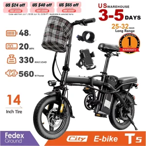Adult Electric Bike, 20 MPH,560W Motor,48V Removable Battery,14inch Folding Electric Bike,Maximum 32 Miles,1Year Warranty Ebike